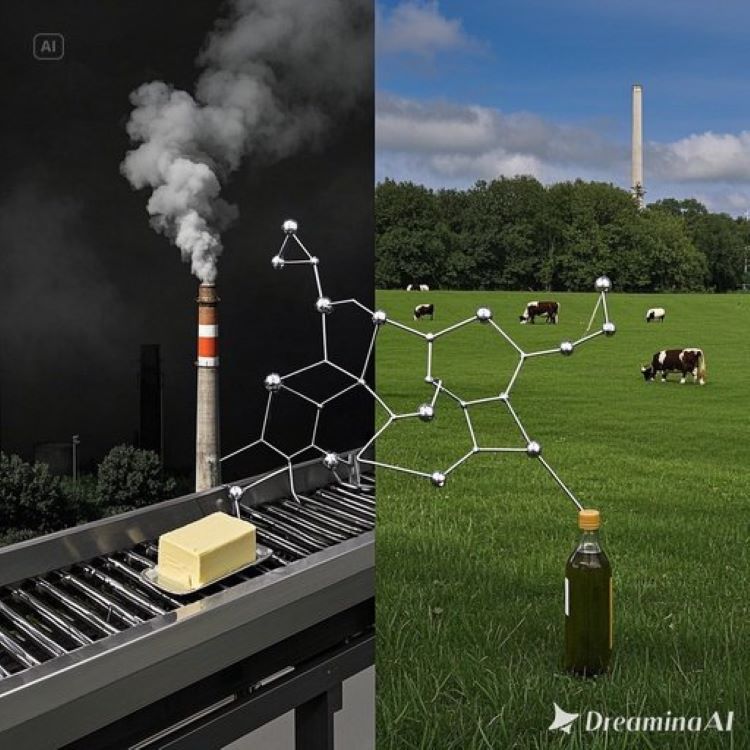 어두운 배경에서 한쪽에는 공장 굴뚝에서 연기가 나오고 있고, 컨베이어 벨트 위에 마가린과 가공식품들이 놓여 있다. 반대편에는 자연스러운 햇살 아래 목초지에서 풀을 뜯는 소와 신선한 버터, 올리브오일 등이 배치되어 있다. 가운데에는 분자 구조도가 보이며, 트랜스지방의 비틀린 구조와 자연 지방의 정상적인 구조가 대비되어 표현되어 있다. 전체적으로 자연 vs 인공, 건강 vs 질병의 대비를 강조한 강렬하고 상징적인 이미지