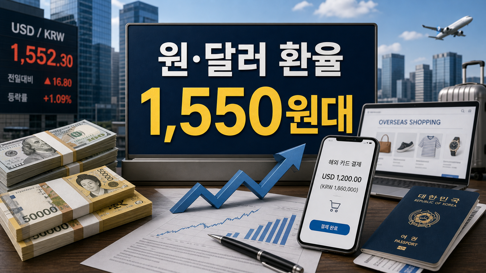 원달러 환율 1,550원대와 해외직구 여행 결제 부담을 보여주는 대표 이미지