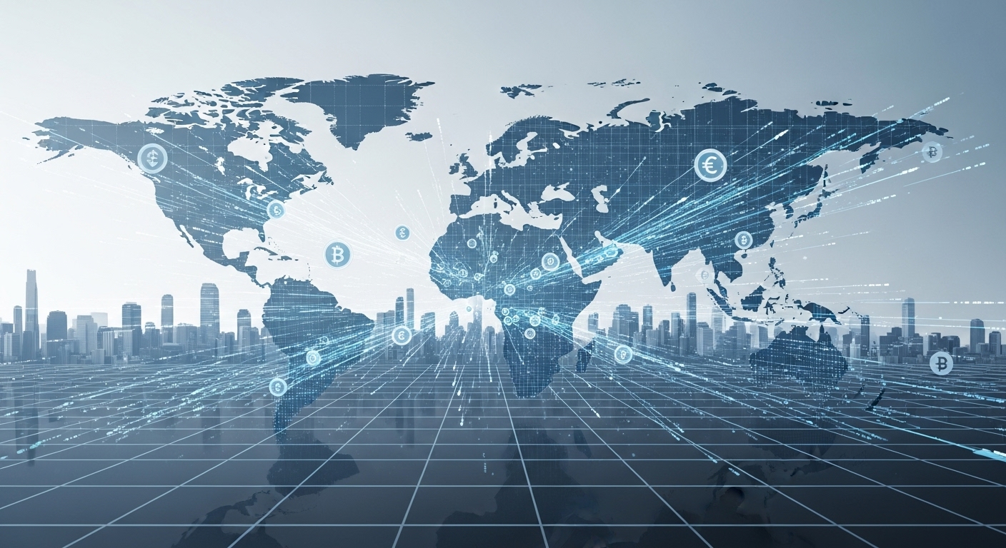 현대적인 도시가 디지털 네트워크 그리드로 변모하며 전 세계 금융 시장이 디지털 화폐로 인해 효율적으로 연결되고 발전하는 미래 지향적인 모습.