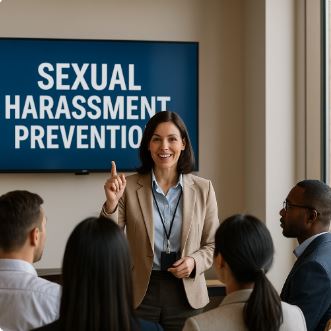 성희롱 예방을 주제로 한 교육 현장. 전문 강사가 참가자 앞에서 발표 중이며, 스크린에는 'SEXUAL HARASSMENT PREVENTION'이라는 문구가 표시되어 있는 이미지