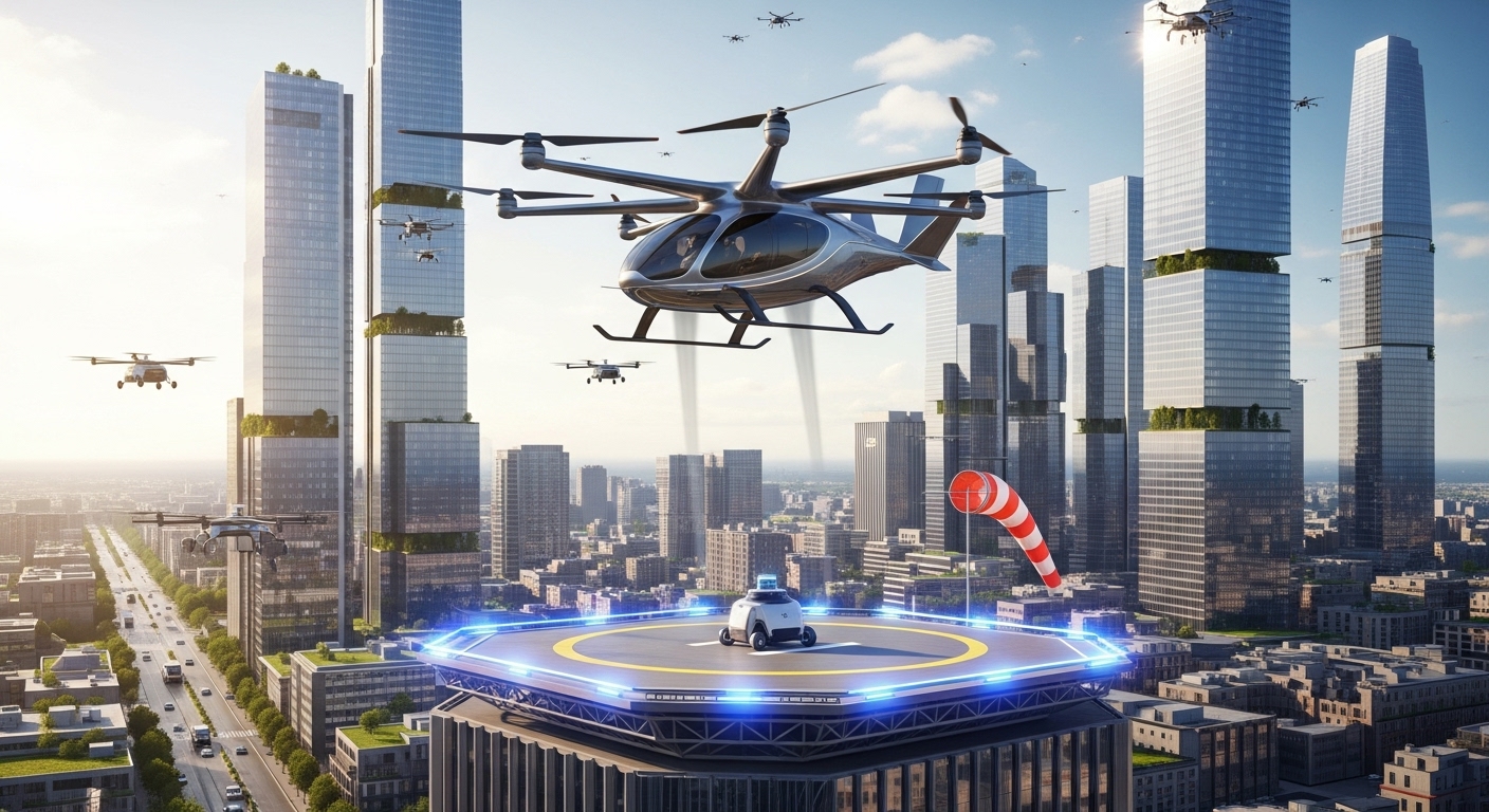 미래 도시 상공을 비행하는 세련된 전기 수직 이착륙기(eVTOL) 드론과 자율주행 차량들