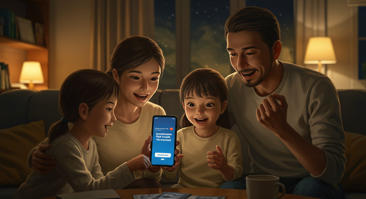 근로장려금 지급 완료 알림을 확인하며 기뻐하는 가족