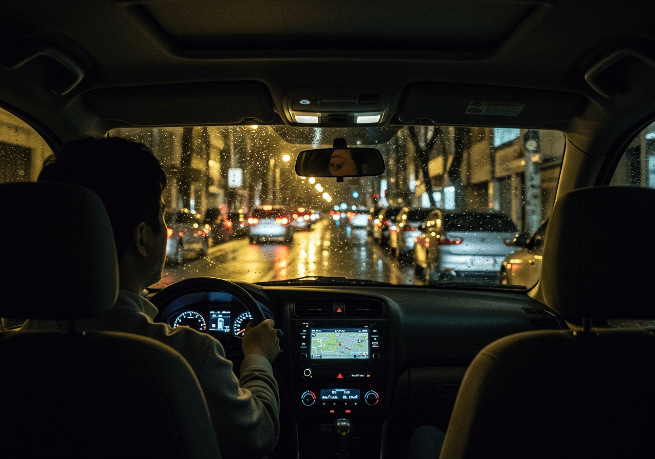 야간, 비 내리는 한국 도심 골목에서 운전자가 전방을 주시하는 내부 시점 장면. 앞유리에 빗방울이 맺히고 양옆으로 차량이 촘촘히 이어져 주차할 곳이 보이지 않음