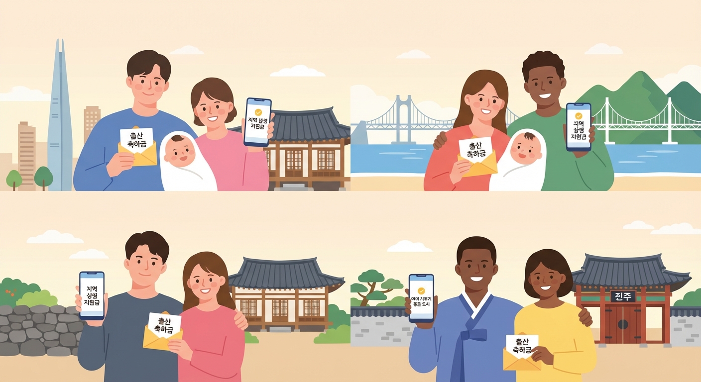 각 지자체별로 다양하게 제공되는 출산지원금을 받는 행복한 가족들의 모습