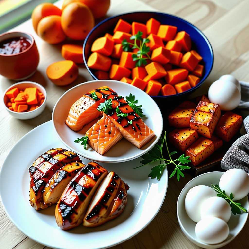 닭가슴살, 연어, 고구마 , 달걀등 간단하면서 든든한 식단