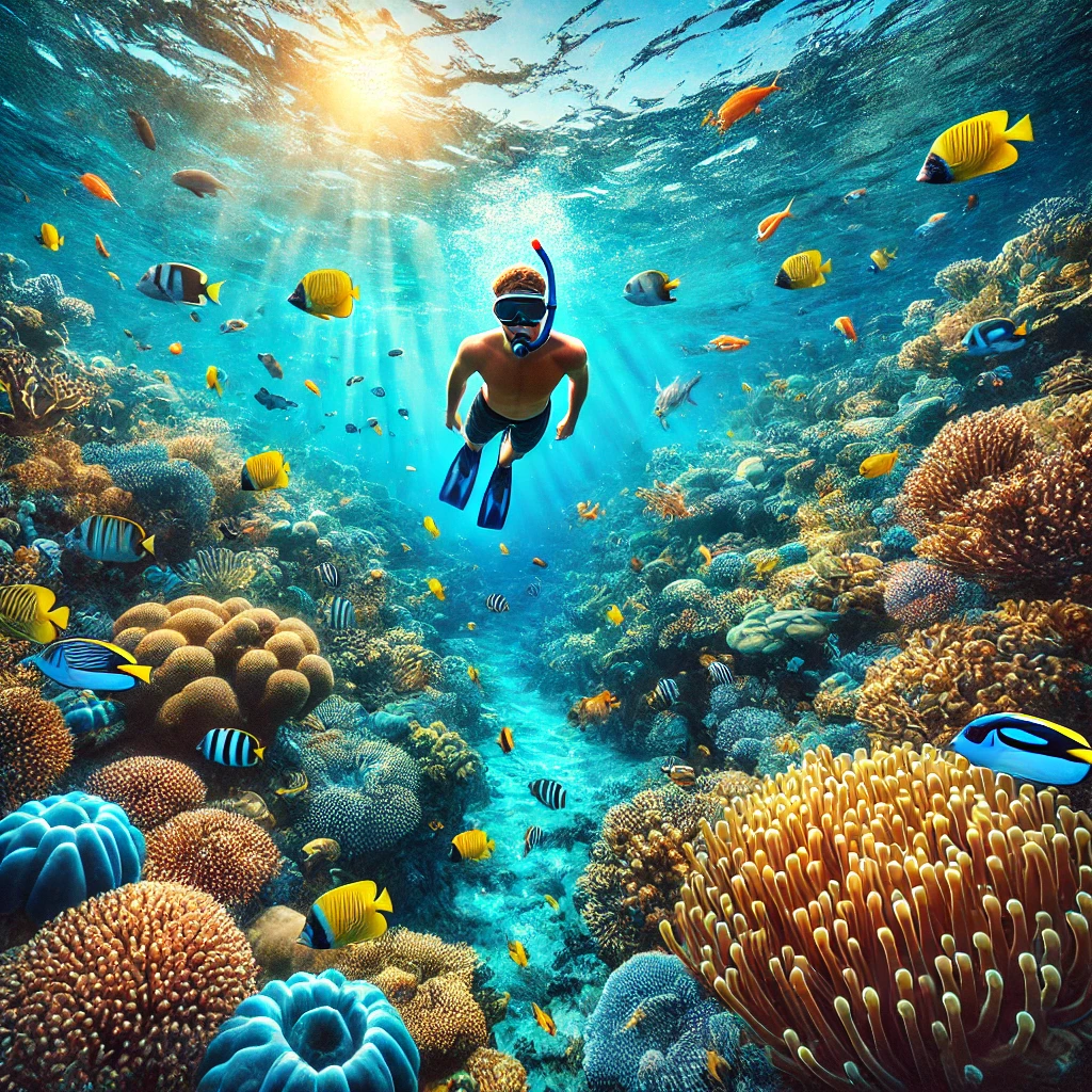 맑고 푸른 바닷속에서 열대어와 함께 스노클링하는 모습