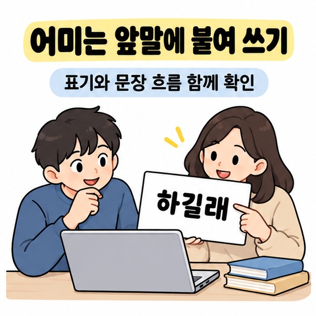 어미는 앞말에 붙여 쓴다는 안내 아래 두 사람이 노트북 옆에서 하길래라고 적힌 카드를 함께 확인하는 모습