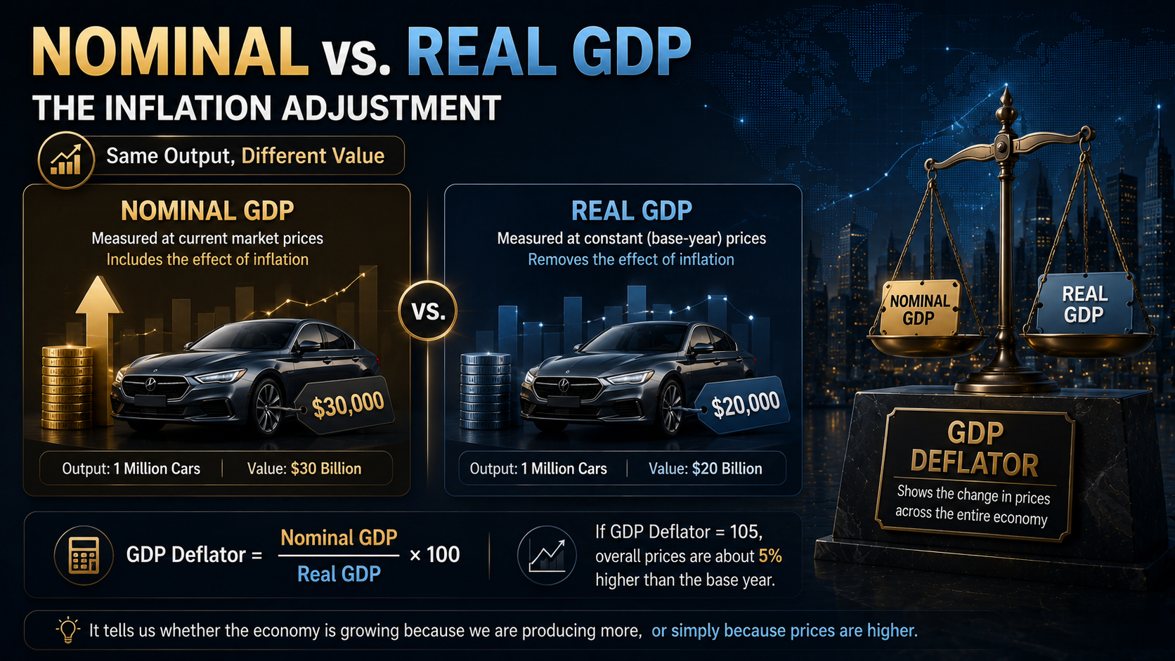 Comparison of Nominal GDP and Real GDP showing how inflation adjustments reveal true economic growth.