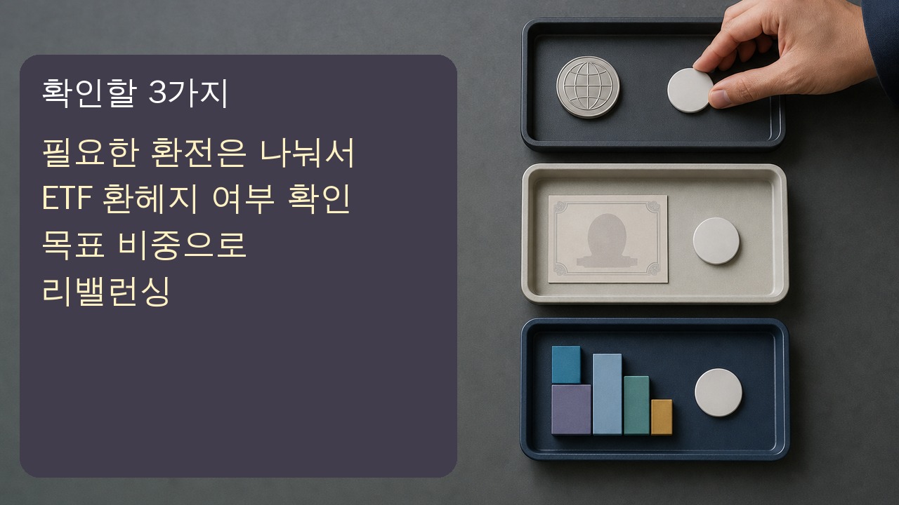 달러 환전과 미국채, ETF 비중을 여러 번에 나눠 집행하고 리밸런싱하는 장면