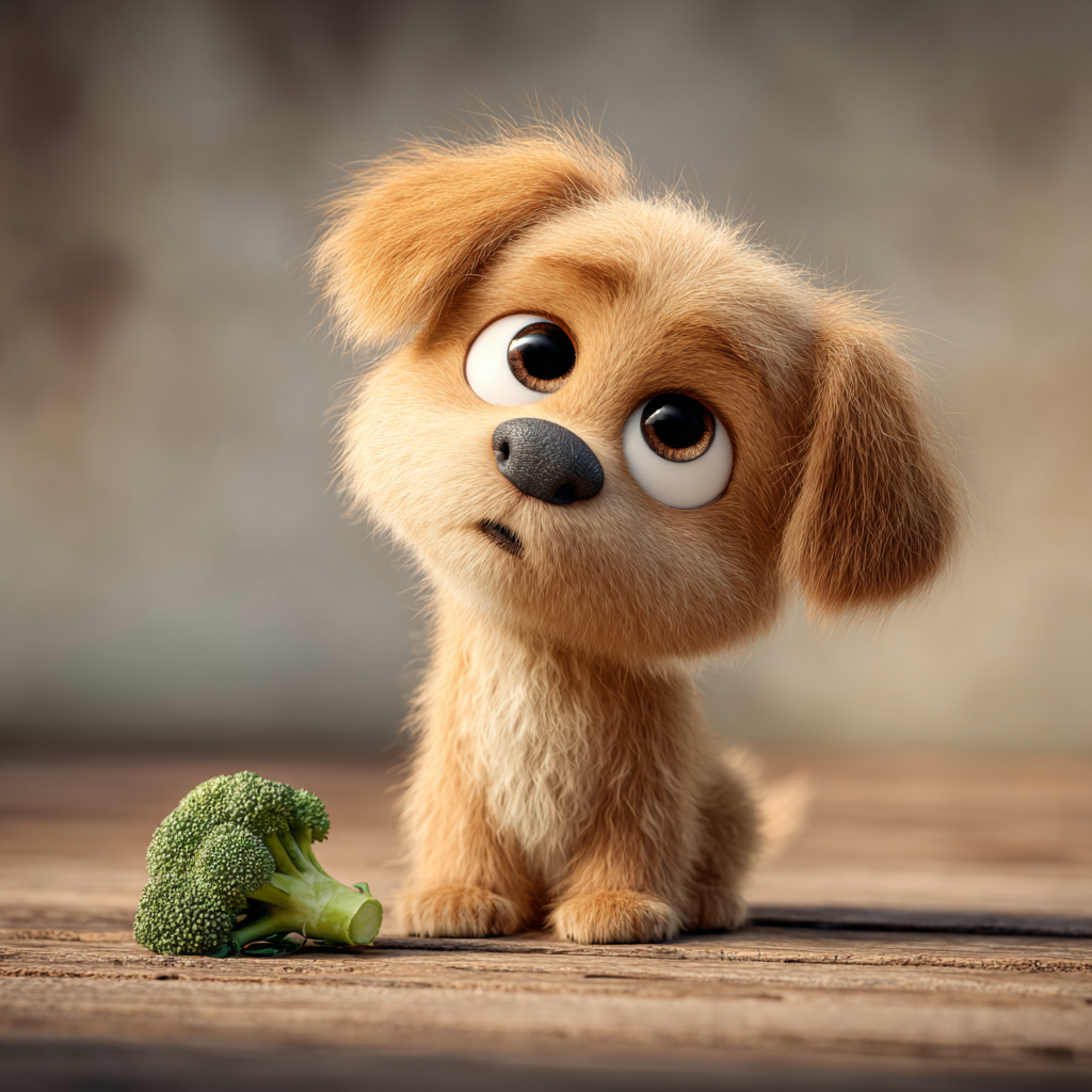 브로콜리를 앞에둔 귀여운 강아지, 픽사형 일러스트