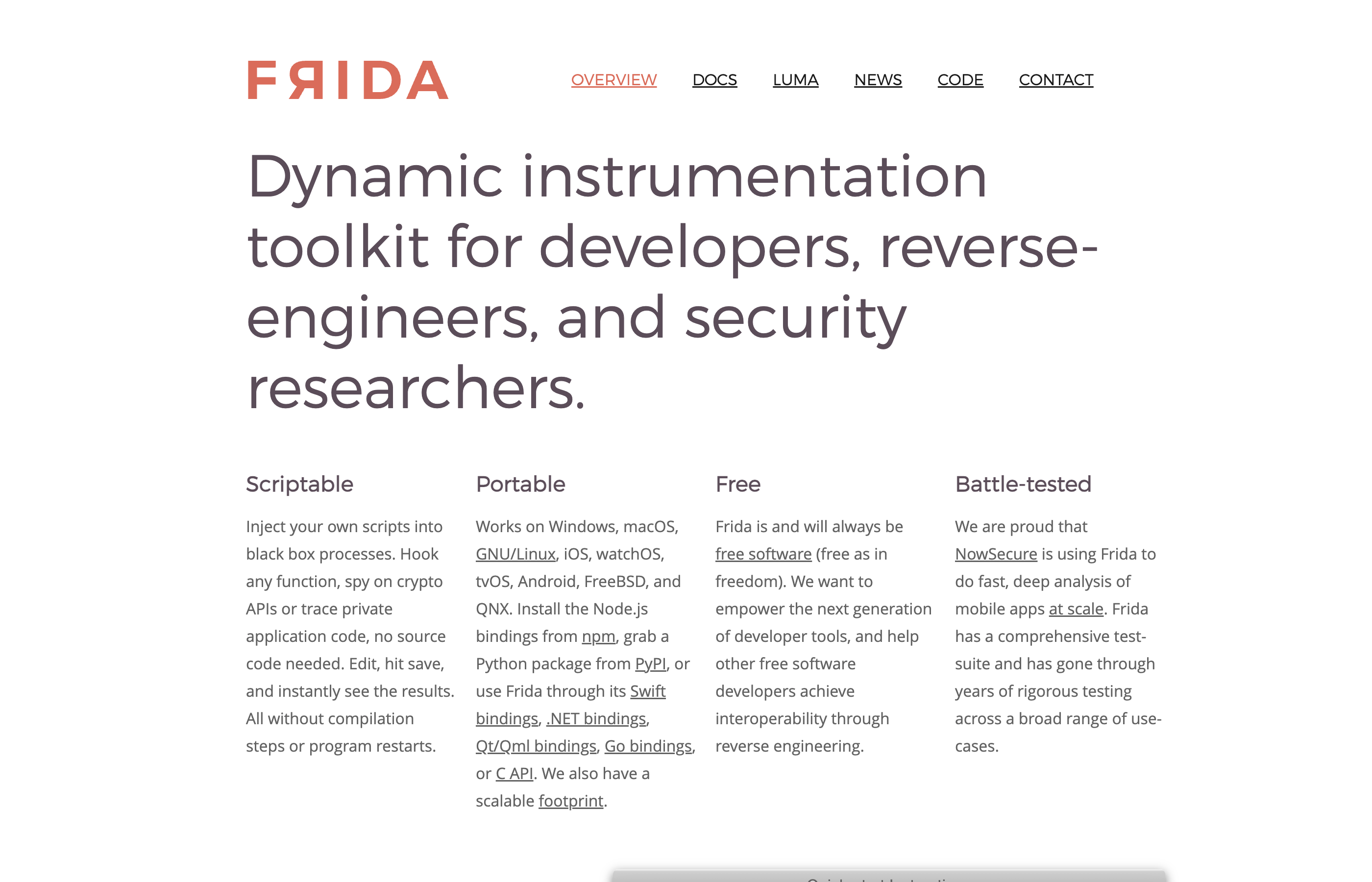 Frida 공식 홈페이지 &mdash; 동적 계측 도구 소개