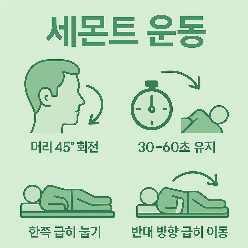 이석증 증상 완화를 돕는 세몬트 운동의 머리 회전, 급히 눕기, 반대 방향 이동 방법을 시각적으로 설명한 자료