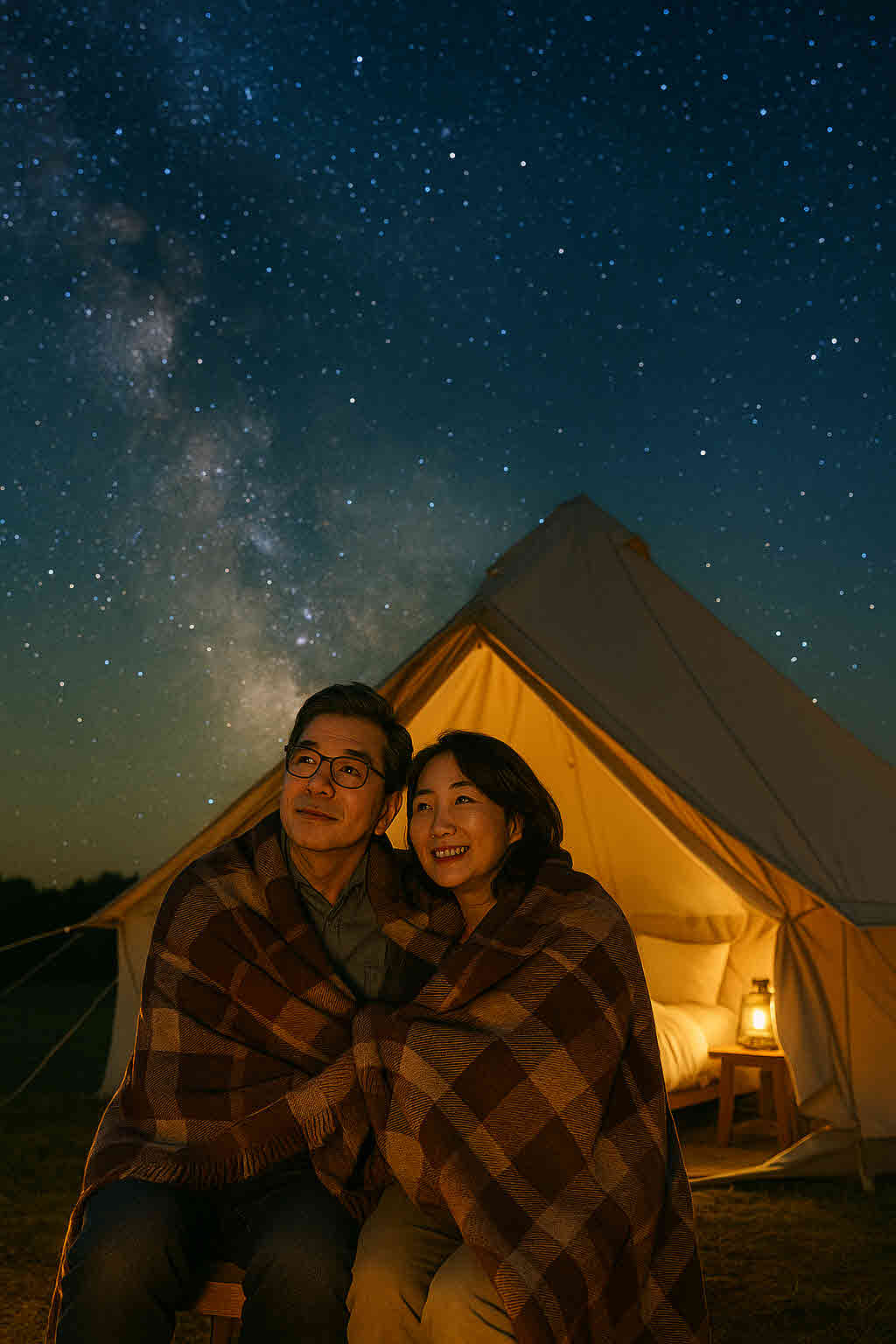 글램핑장에서 별을 보는 중년 부부