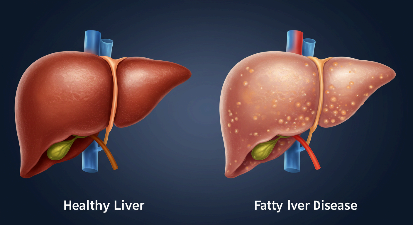 정상 간과 지방간의 구조적 차이를 비교한 의학 일러스트 이미지. 왼쪽은 건강한 간, 오른쪽은 지방이 쌓여 표면이 불규칙해진 지방간의 모습으로, 간 건강 상태 변화를 시각적으로 보여줌.