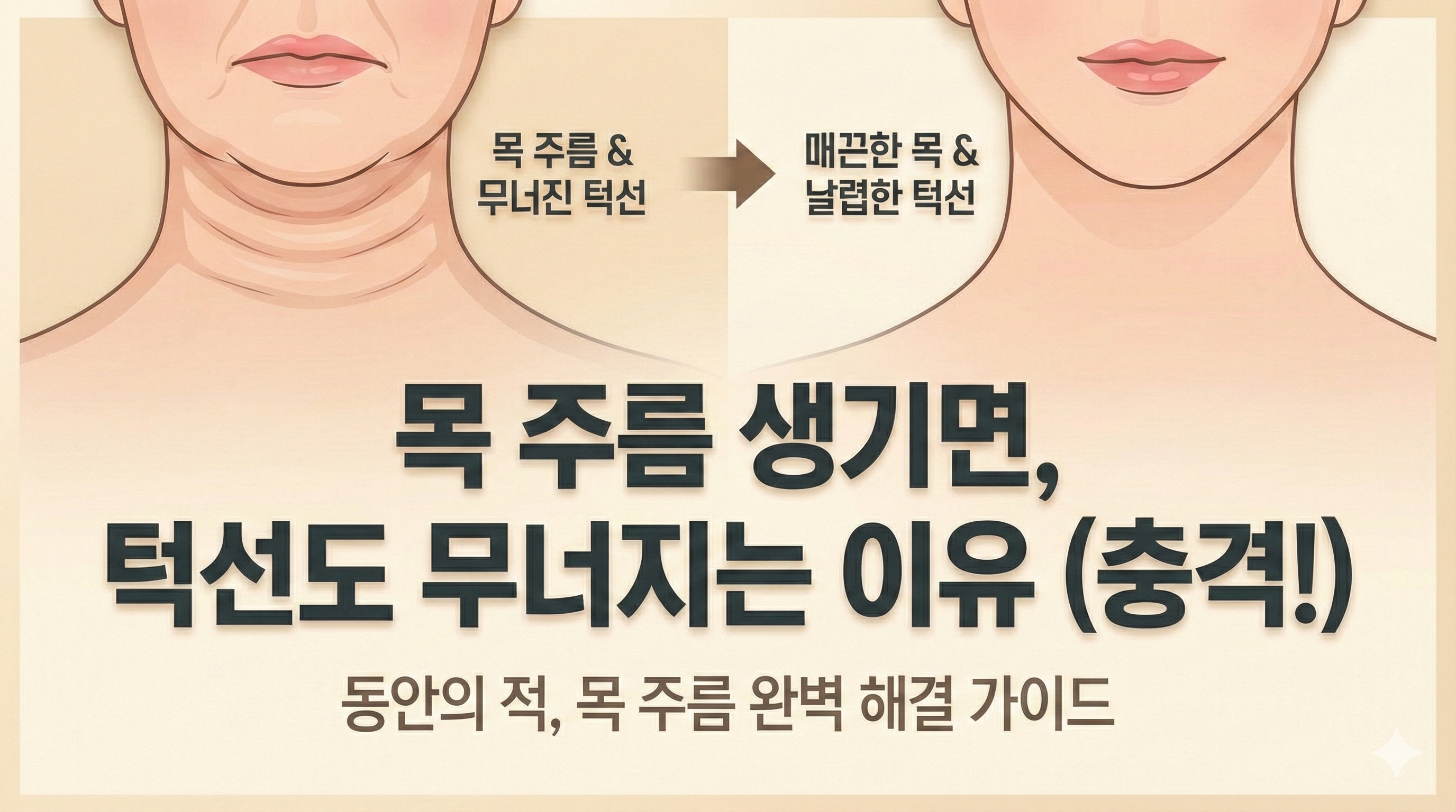 목 주름과 무너진 턱선 대 매끈한 목과 날렵한 턱선을 비교하는 인포그래픽 썸네일