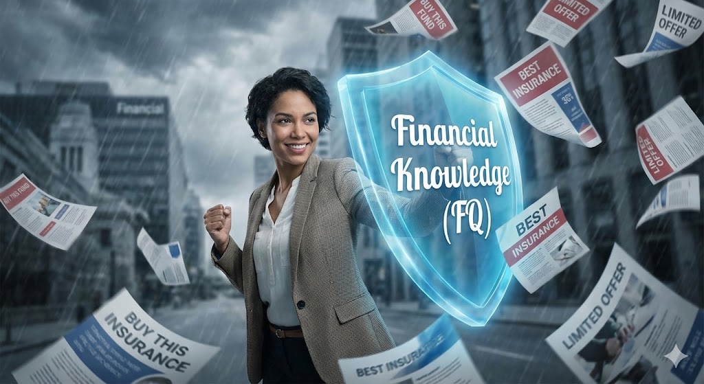 쏟아지는 금융 상품들의 유혹 속에서 '금융 지식(FQ)'이라는 방패를 들고 당당하게 서 있는 소비자의 모습