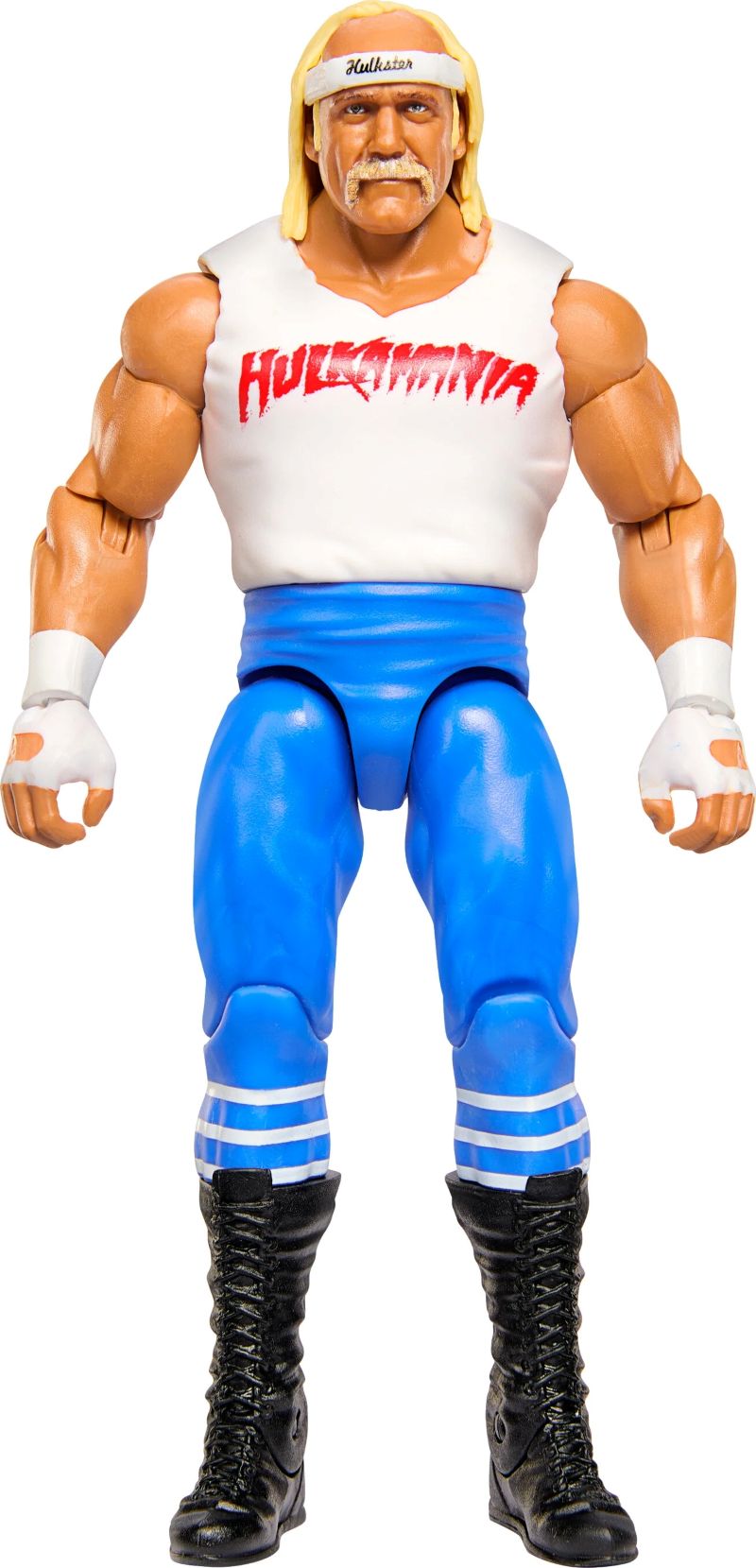 흰색 'HULKAMANIA' 민소매 셔츠와 파란색 바지, 검정 부츠를 착용한 헐크 호건 피규어. 헤드밴드에는 'Hulkster'가 적혀 있다.