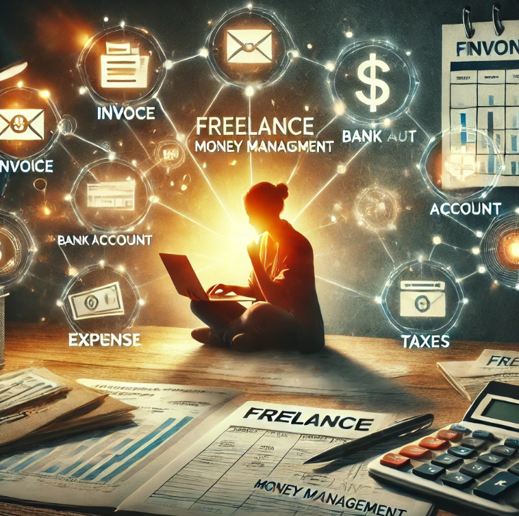 프리랜서가 효율적인 돈 관리를 위해 노트북 앞에서 예산을 정리하는 모습. 투자 전략, 세금 절약, 비정기 수입 관리가 강조된 인포그래픽.