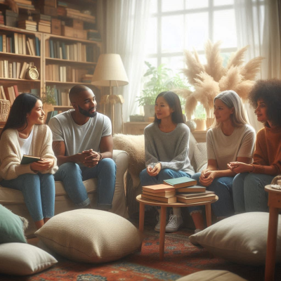 여러 사람들이 꿈에 대해 대화하고 있는 모습입니다. 꿈을 주제로 한 벽화와 아늑한 분위기가 특징입니다.