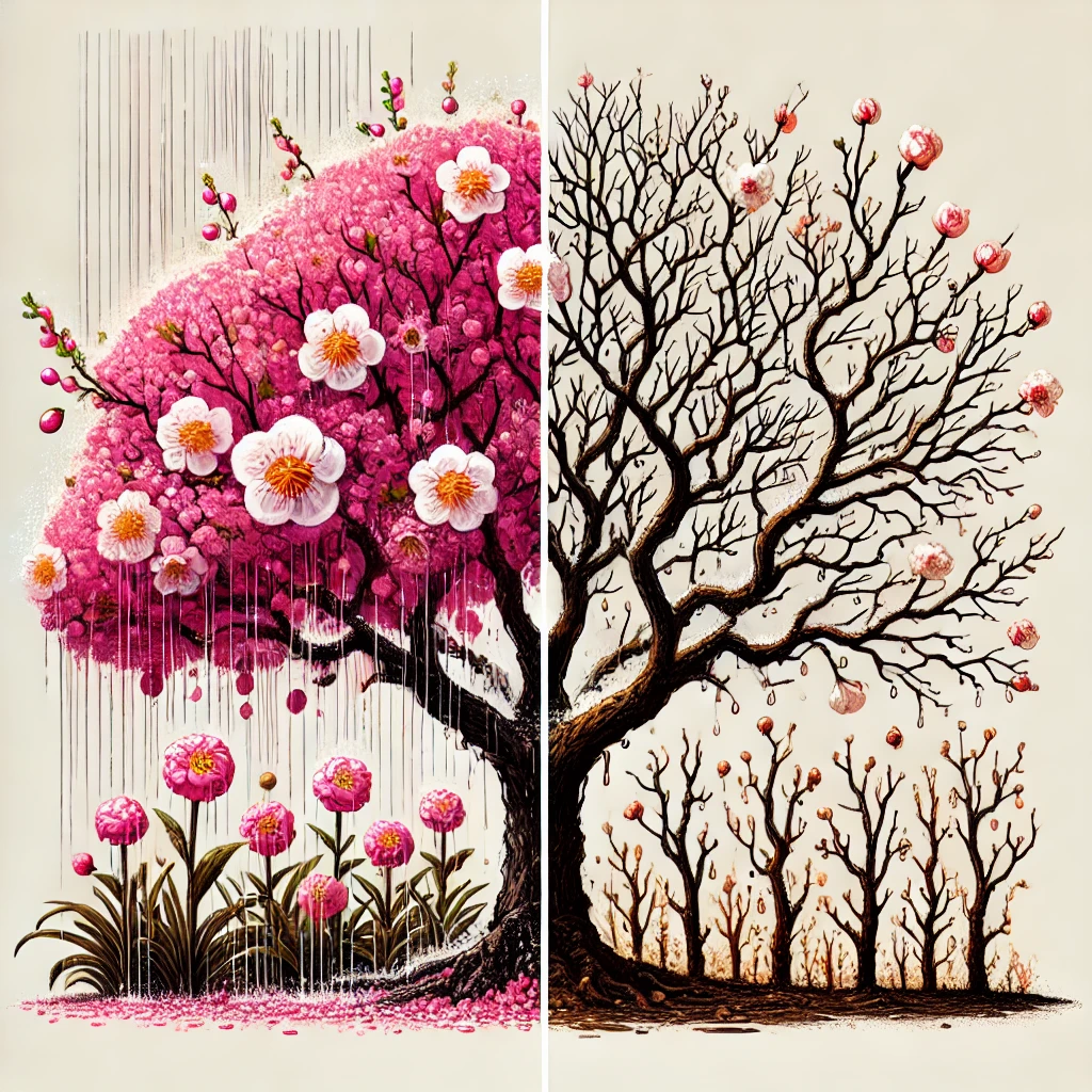 강수량과 개화 &ndash; 충분한 강수량으로 풍성하게 핀 매화 vs. 가뭄으로 개화가 늦어진 나무