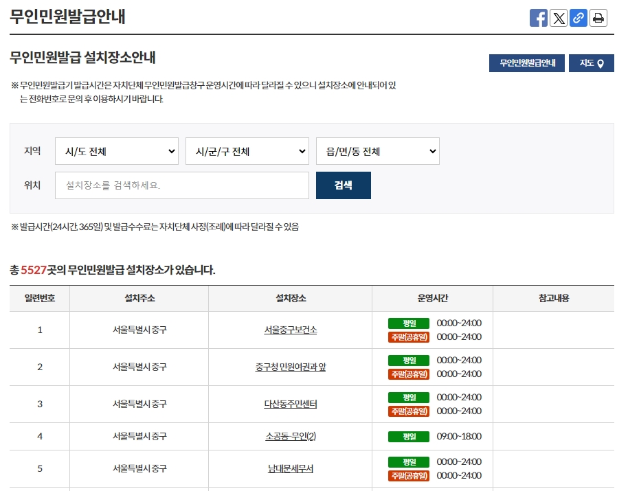 지역별 무인민원발급기 설치 장소와 운영 시간을 찾아보는 안내 화면