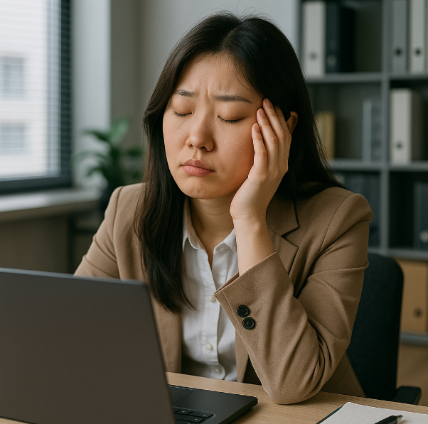 사무실 직원이 피곤해 보이는 모습