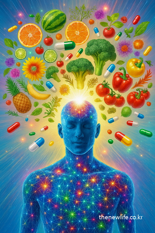 비타민 D의 효능을 상징적으로 표현한 이미지 &ndash; 밝은 빛과 함께 과일, 채소, 캡슐이 뇌와 신체 에너지와 연결된 모습