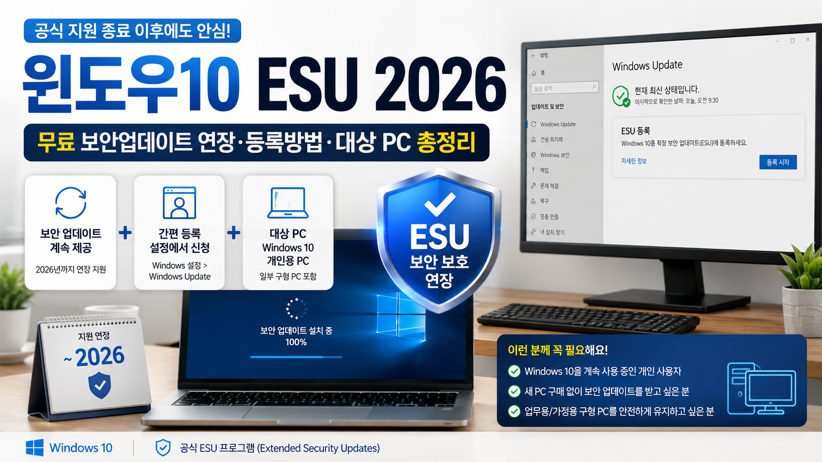 윈도우10 ESU 2026｜무료 보안업데이트 연장&middot;등록방법&middot;대상 PC 총정리