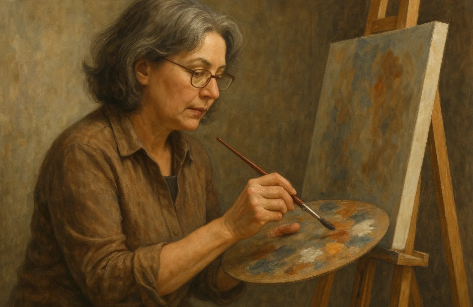 그림 그리는 중년의 여성 사진