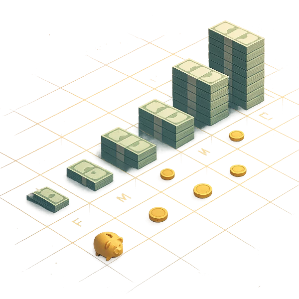 저금통과 동전, 지폐가 주별로 증가하는 모습을 시각화한 절약 성장 그래프