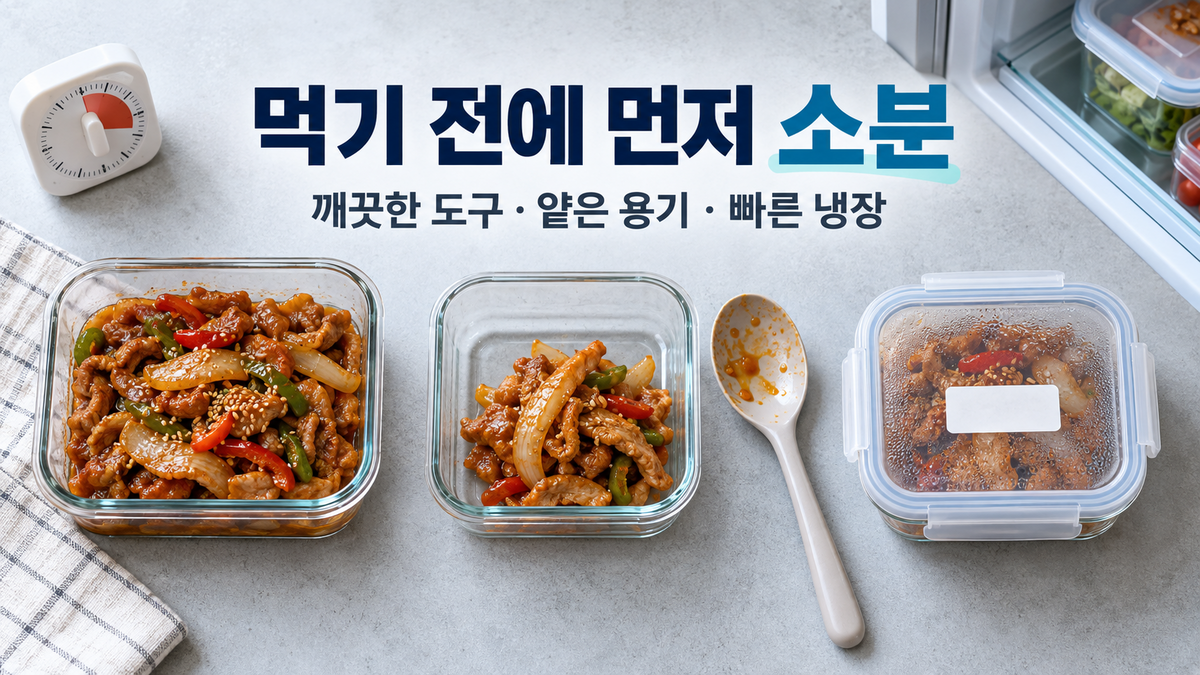 먹기 전 배달음식을 깨끗한 도구로 얕은 용기에 소분해 냉장하는 순서