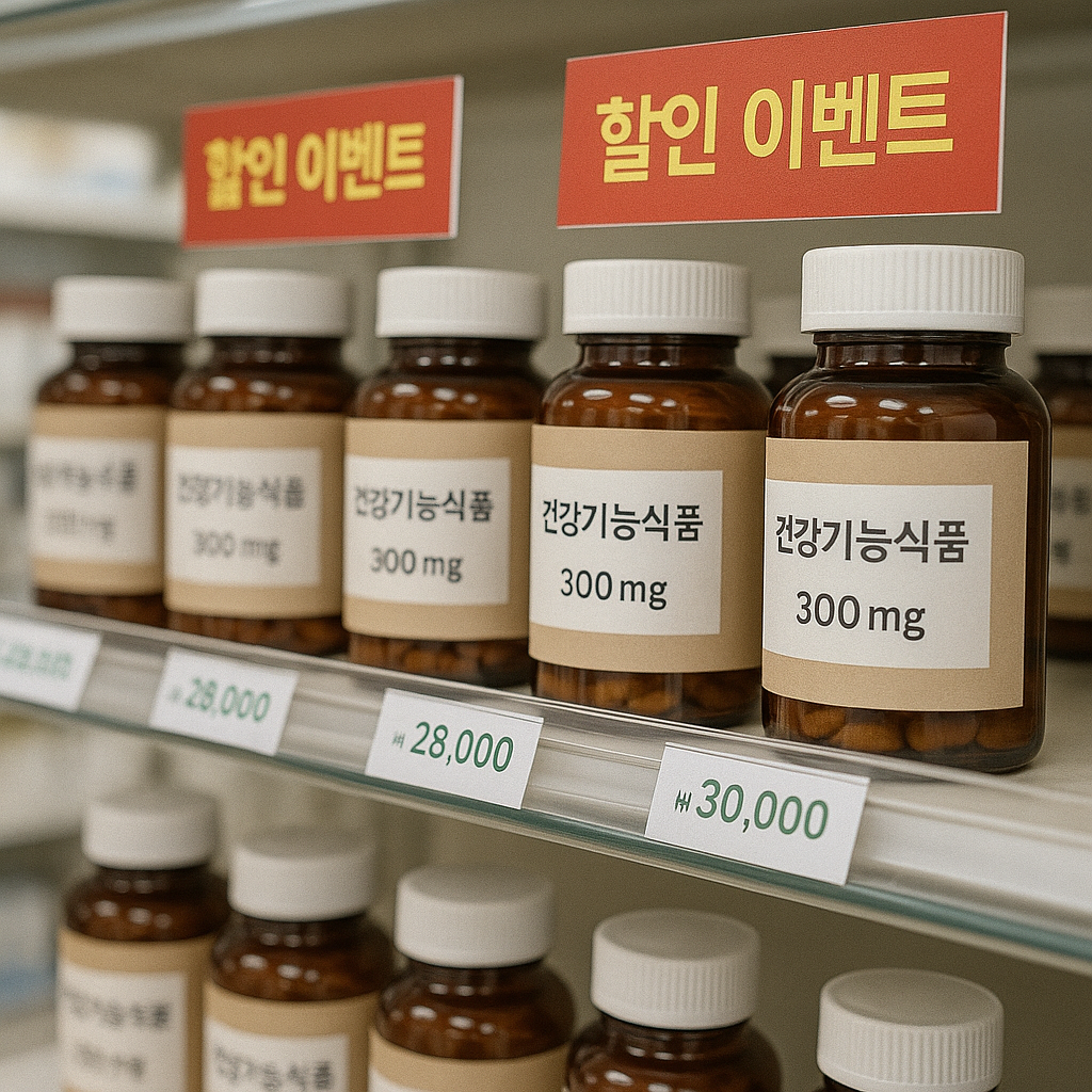 마케팅 중심으로 판매되는 건기식 매장 진열대