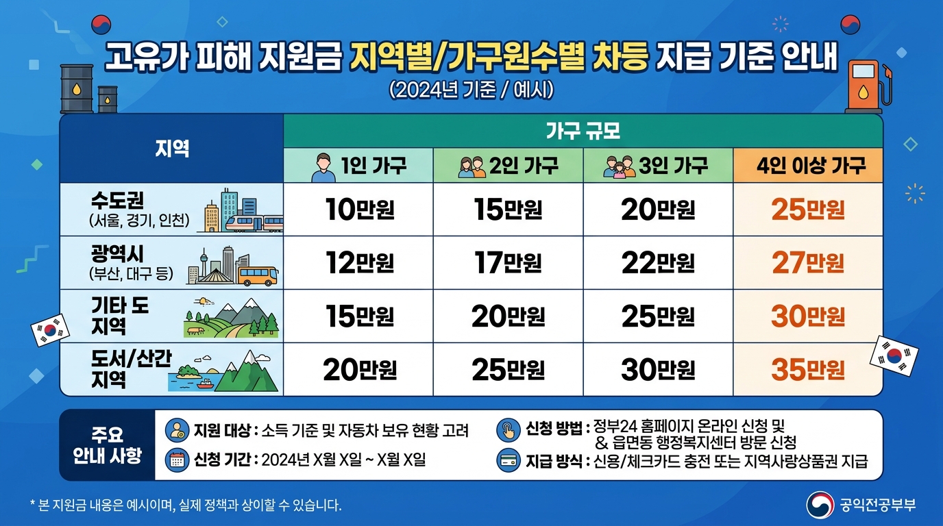 수도권 10만원, 비수도권 15만원, 기초수급자 비수도권 60만원 등 금액 정리 이미지