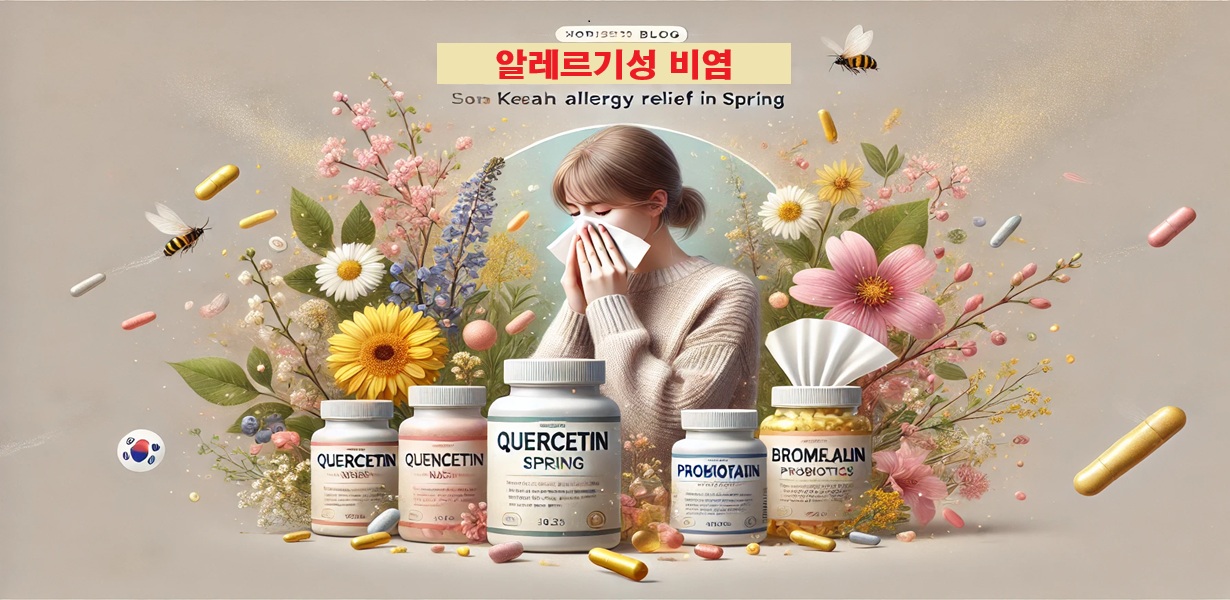 알레르기성 비염으로 고생하는 여성이 꽃가루 속에서 재채기를 하는 모습. 주위에 쿼세틴, 브로멜라인, 프로바이오틱스 등 천연 성분의 건강 보조제가 배치됨