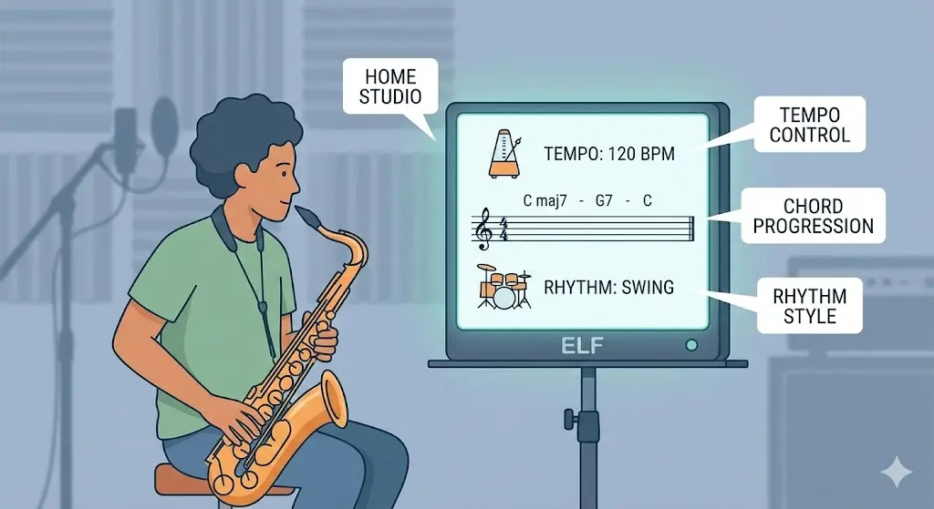 반주기 모니터 화면을 보고 색소폰 연습을 하는 모습