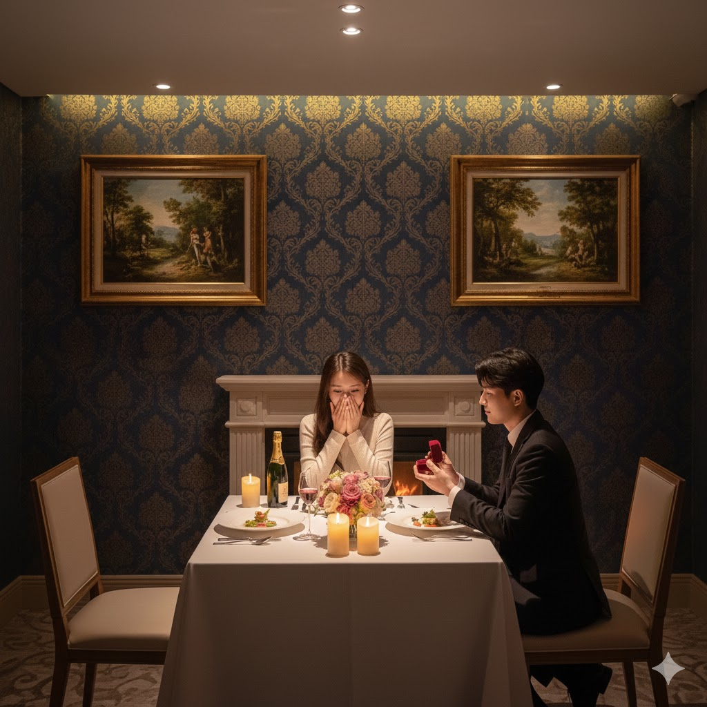 프라이빗 룸 안에서 프로포즈하는 남자