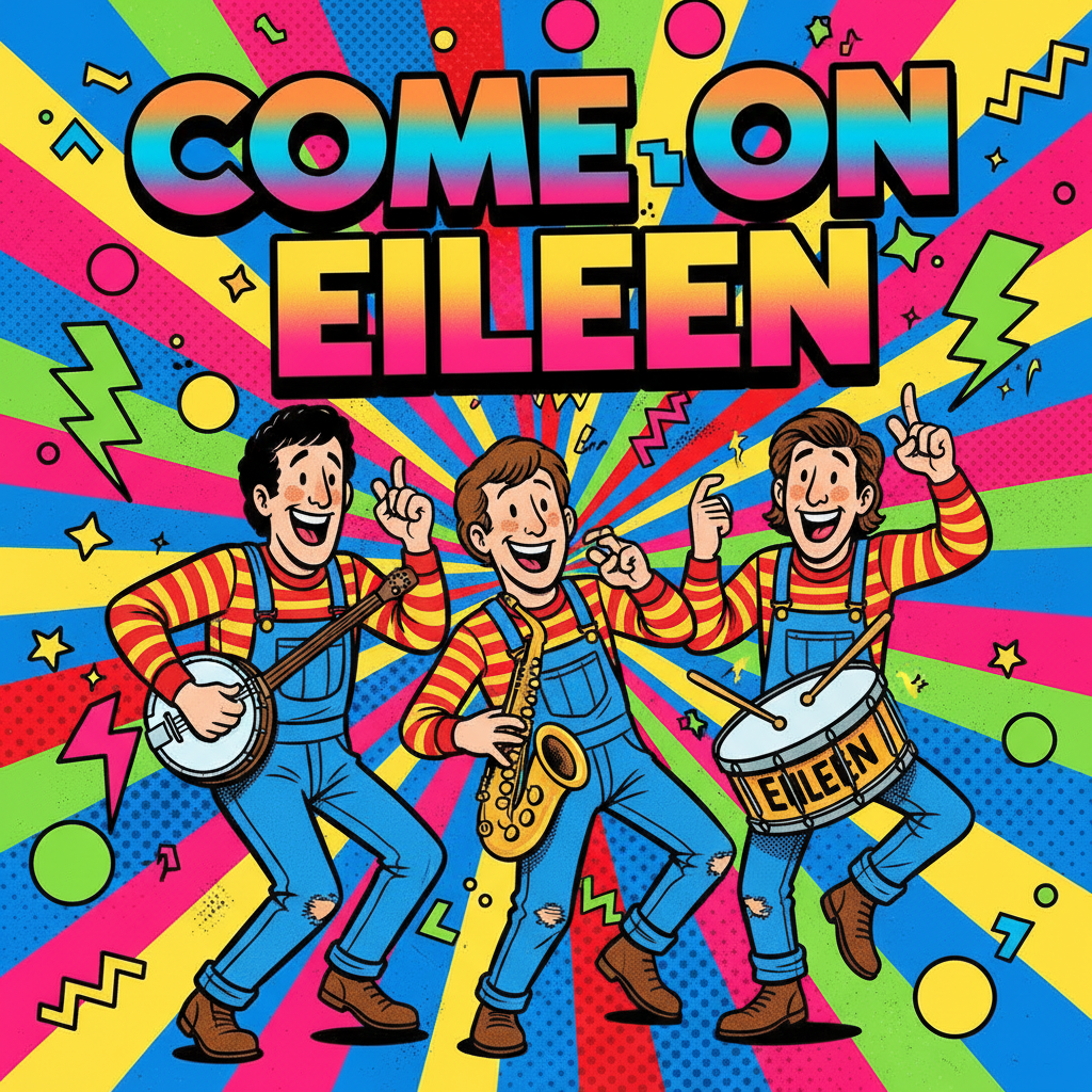 덱시스 미드나이트 러너스의 'Come on Eileen' 무대에서 활기차게 춤추는 80년대 스타일의 젊은이들. 멤버들이 스트라이프 티셔츠와 서스펜더를 착용하고 즐겁게 연주하는 모습.