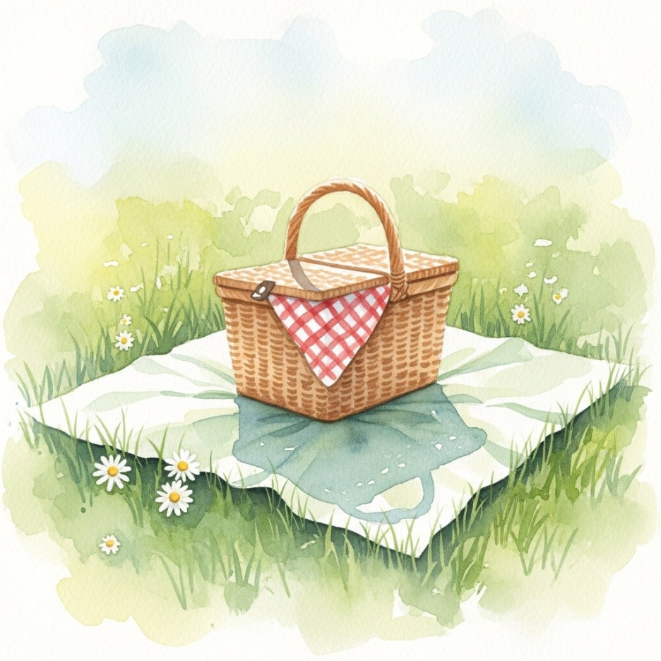 잔디밭 위에 놓인 피크닉 바구니와 돗자리가 주는 여유