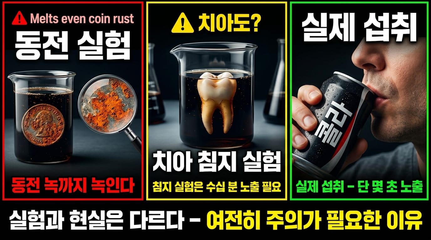 콜라 동전 실험 치아 담금 실험 실제 음용 비교하는 인포그래픽