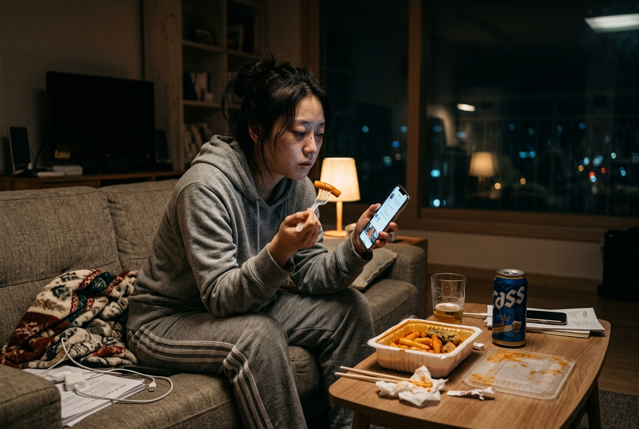 밤늦은 시간 야식을 먹으며 스마트폰을 보는 현대인의 피로한 모습