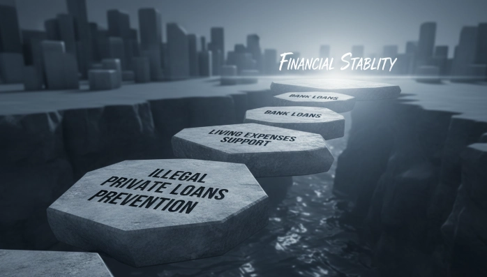 불법사금융에서 벗어나 제도권 금융으로 안착하는 신용 빌드업 과정을 나타내는 다리 이미지