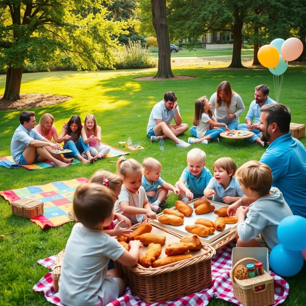 잔디밭에 돗자리를 펴고 앉아 담소를 나누거나, 함께 게임을 즐기는 친구들, 또는 아이들과 함께 치킨을 나눠 먹는 가족들의 모습을 담습니다. 소중한 사람들과 함께하는 축제의 의미를 강조합니다.