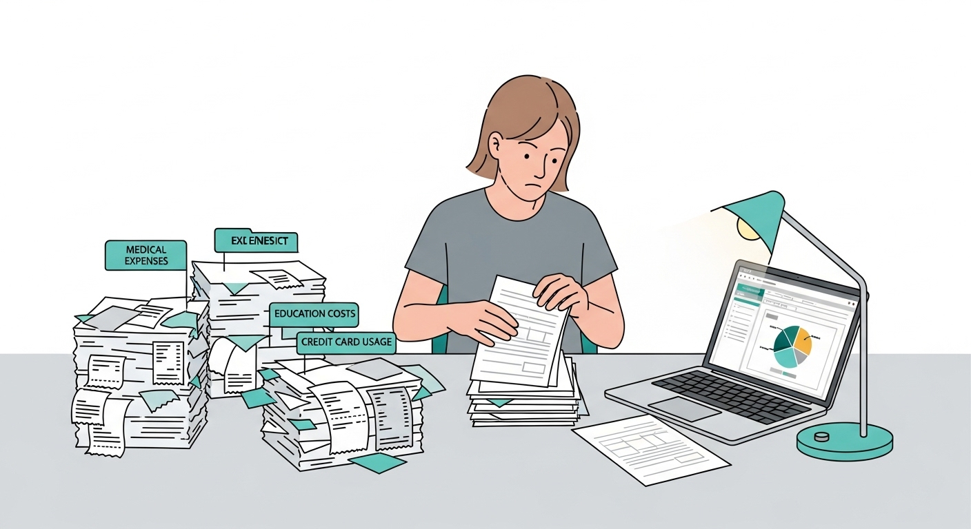 ์ง์ฅ์ธ์ด ์ฐ๋ง์ ์ฐ ์๋ฅ ์ค๋น๋ฅผ ์ํด ์๋ฃ๋น, ๊ต์ก๋น, ์ ์ฉ์นด๋ ์์์ฆ์ ์ ๋ฆฌํ๋ ๋ชจ์ต