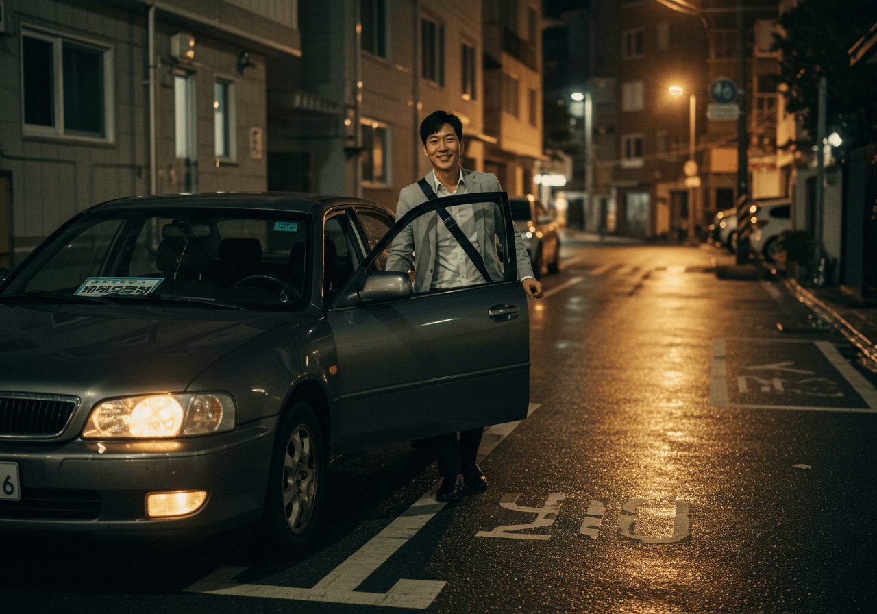 저녁, 거주자 우선 주차 지정면에 차량을 세우고 미소 지으며 내리는 30대 후반 한국 남성 운전자—운전석 문이 열려 있고 젖은 도로에 가로등 불빛이 반사됨