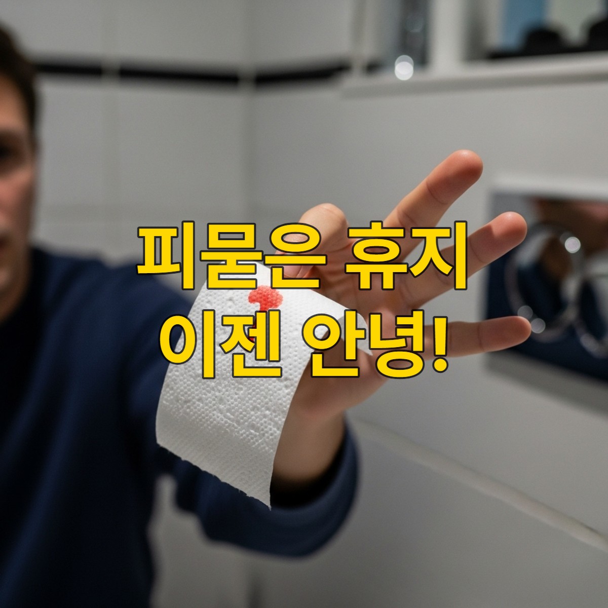 대변 후 휴지에 피가 묻어 있는 것을 보고 당황하는 사람의 모습. 위생 관념과 건강 상태에 대한 걱정을 나타낸다.