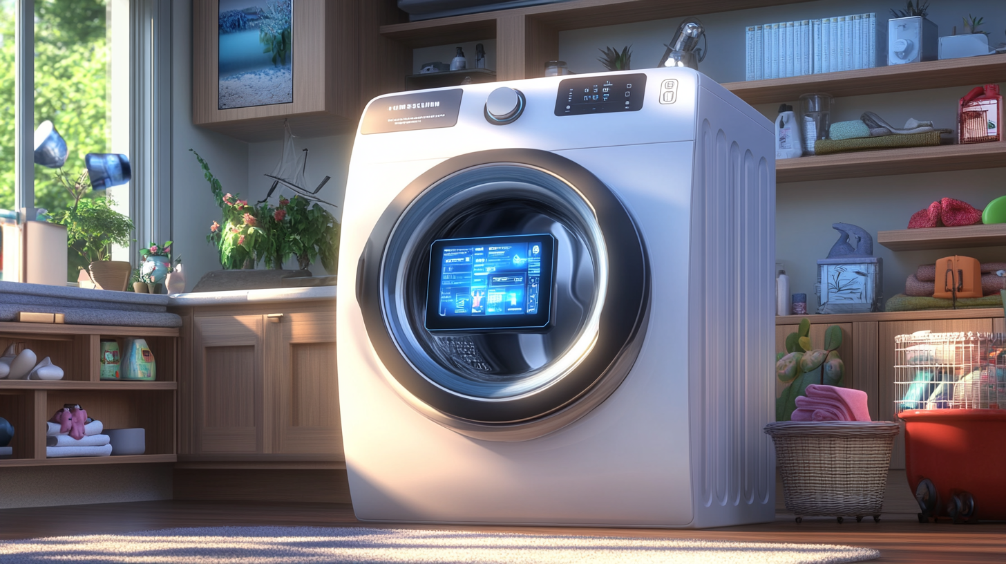 미래지향적인 삼성 AI 세탁기, 최첨단 디지털 인터페이스와 현대적 인테리어를 배경으로 혁신적인 기술을 강조하는 모습.