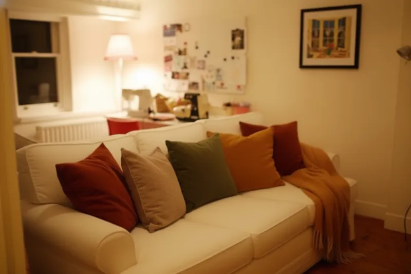 리넨 소파와 가을 쿠션, 블랭킷, 조명으로 완성된 아늑하고 포근한 거실 인테리어