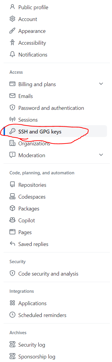 좌측에 사이드 바의 SSH and GPG keys