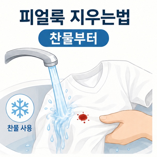 옷에 묻은 피얼룩을 찬물로 헹구는 방법을 보여주는 피얼룩 지우는법 안내 이미지
