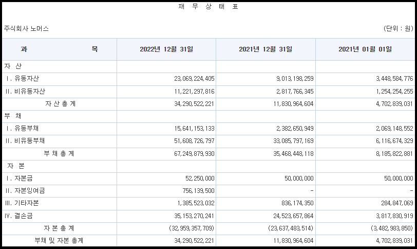 노머스 재무상태표